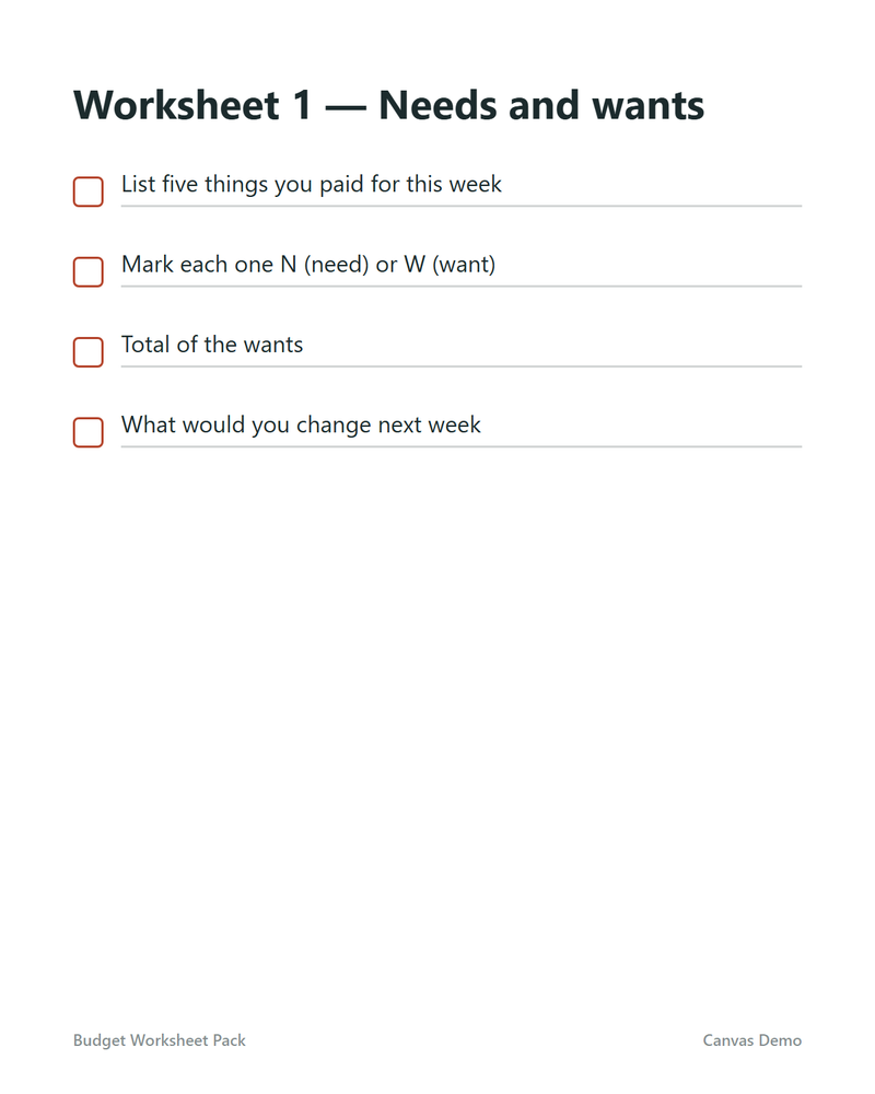 Budget Worksheet Pack — page 1